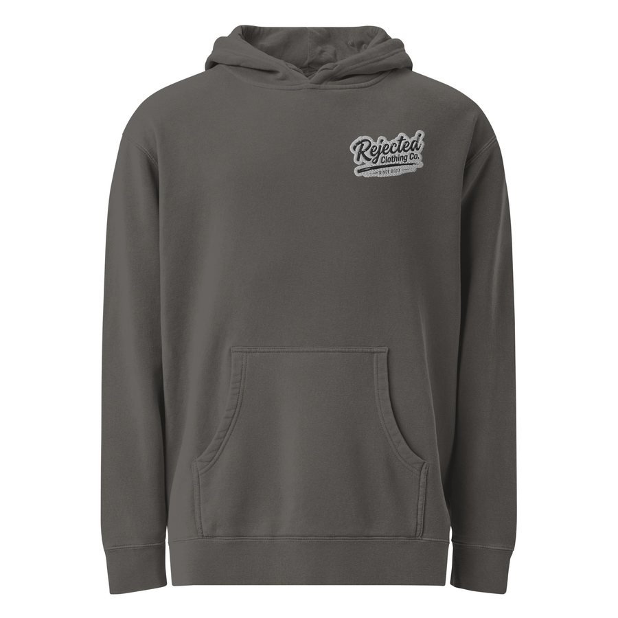 Rejected Clothing Co. embroidered chest patch on a washed charcoal hoodie