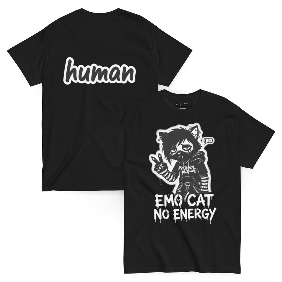 Rejected Streetwear tee: Emo Cat No Energy on the front, human on the back