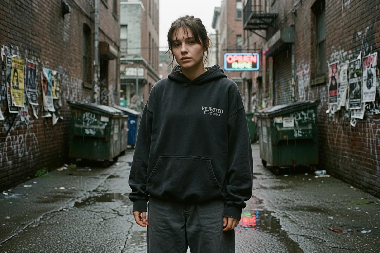 Person in a black Rejected hoodie standing in a graffiti alley