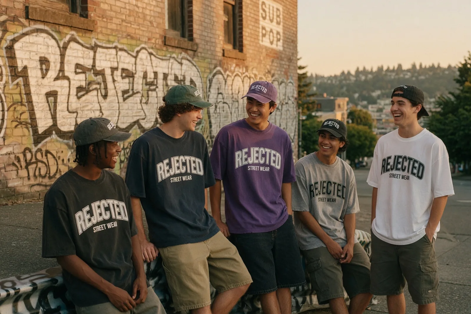 Five friends in Rejected Street Wear tees in front of a brick graffiti wall