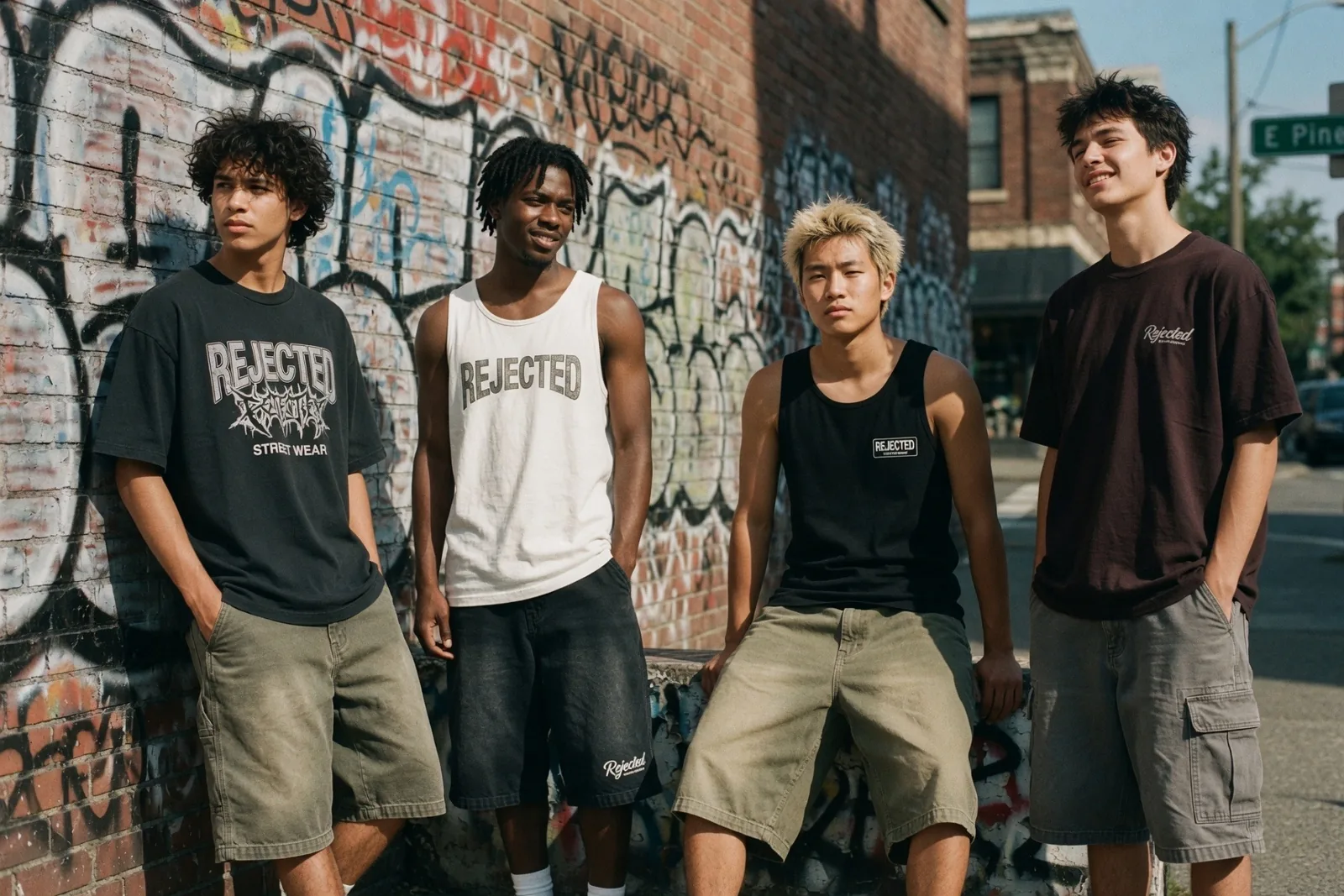 Four friends in Rejected tees and a tank in front of a graffiti wall