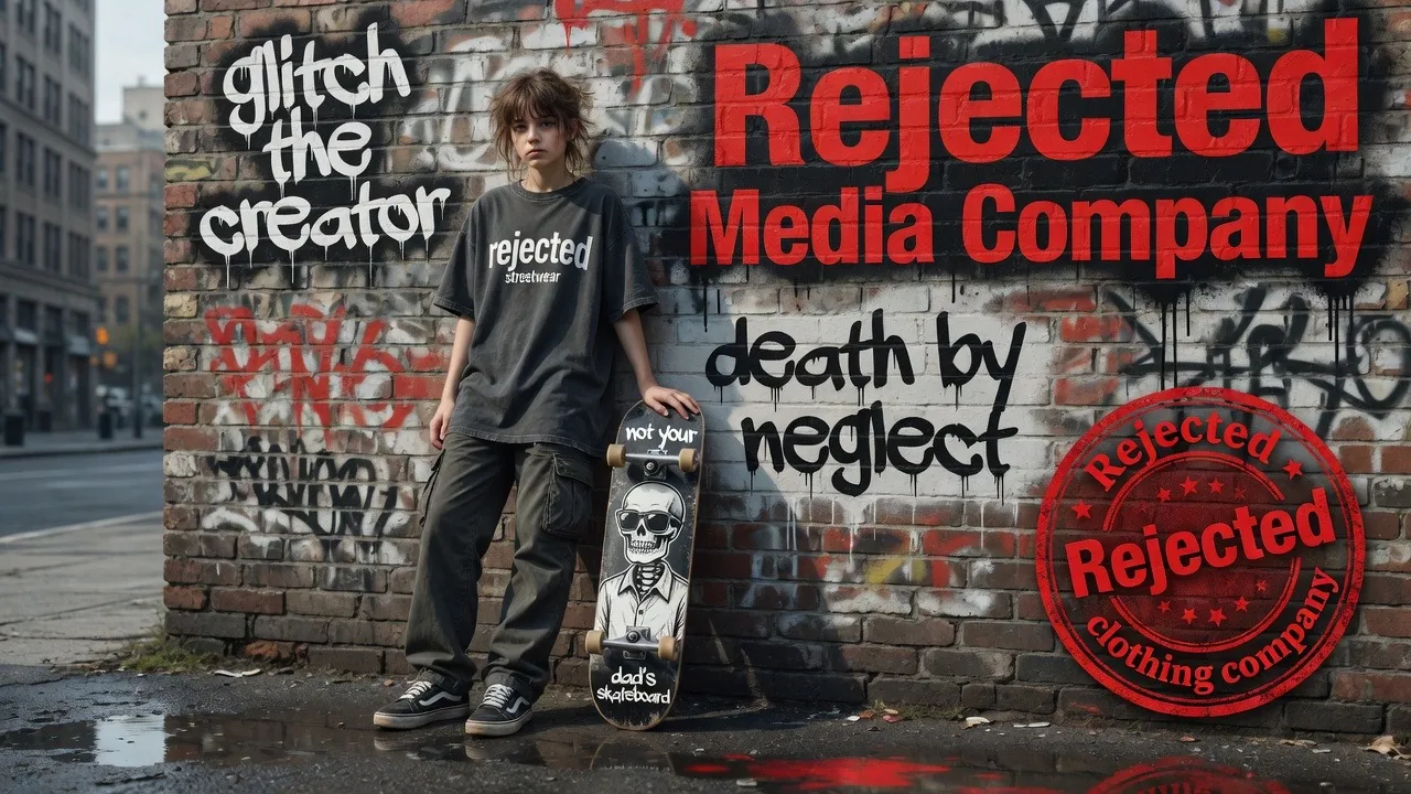 Skater in front of a Glitch the Creator and Rejected Media Company wall