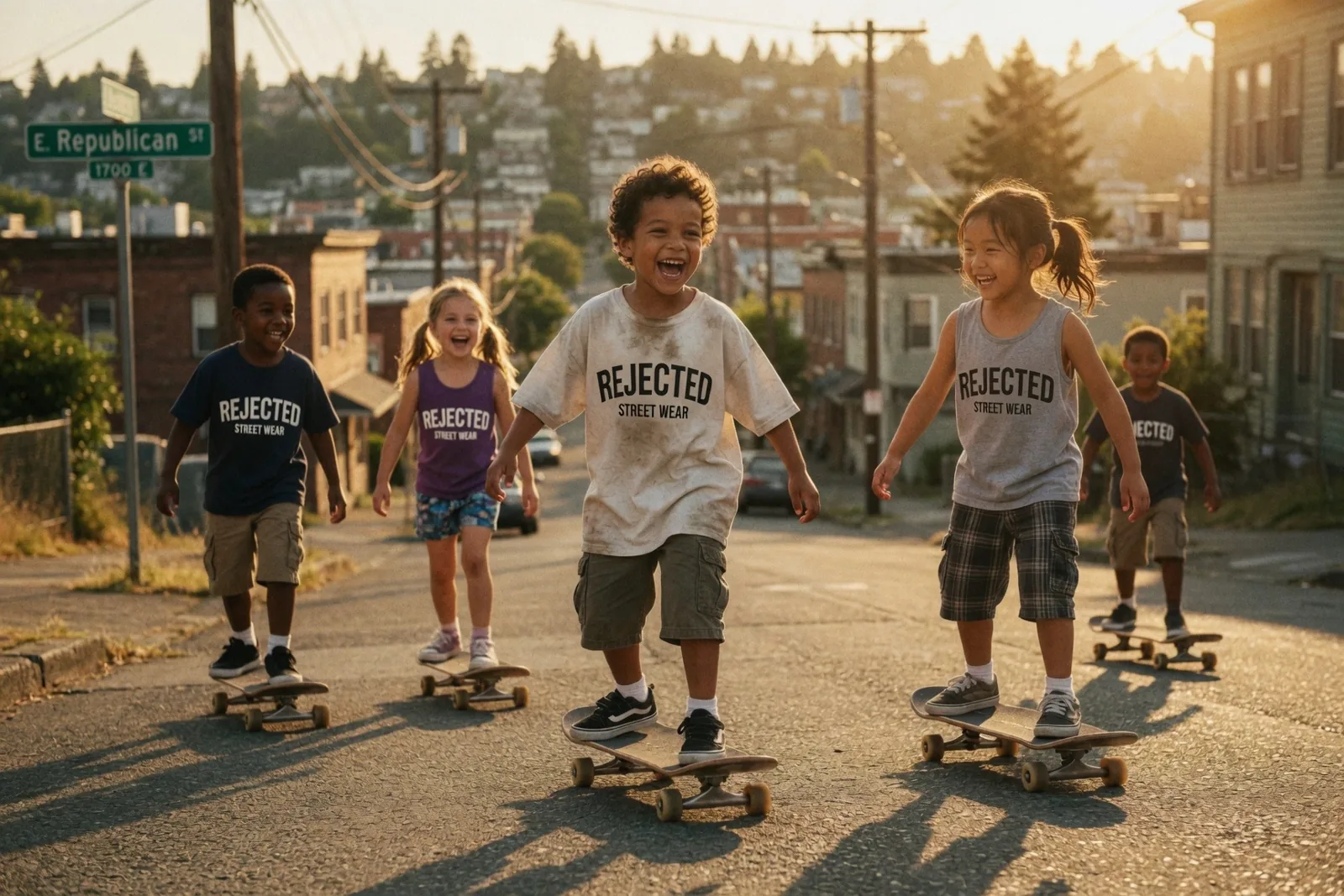 Kids on skateboards on a sunny street, wearing Rejected tees