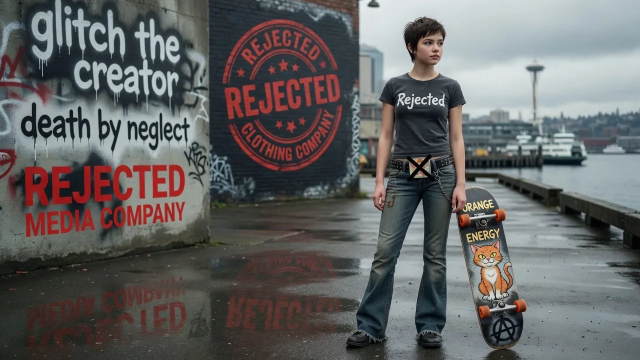 Person with an Orange Cat Energy board in front of a Glitch the Creator and Rejected Clothing stamp wall