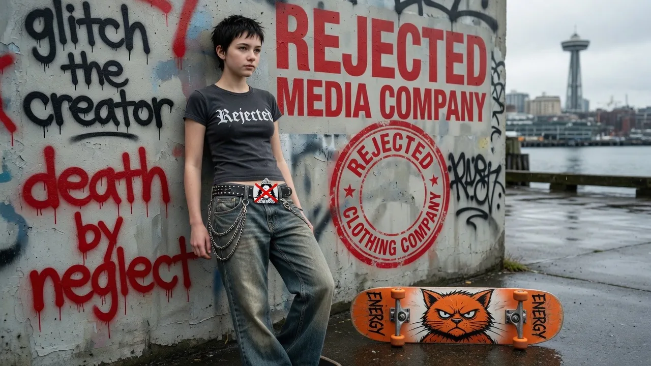 Teen leaning on a graffiti wall that reads Rejected Media Company, with an Orange Cat Energy skateboard on the ground