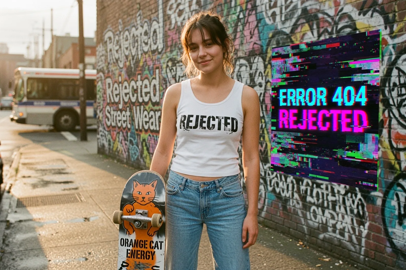 Rejected tank top with an Orange Cat Energy skateboard