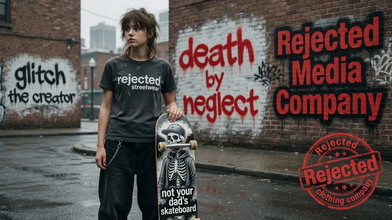 Teen holding a skeleton skateboard in front of a Death By Neglect and Rejected Media Company wall