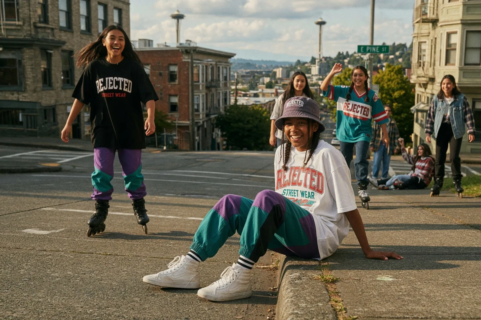 Skaters in Rejected tees laughing on a city hill