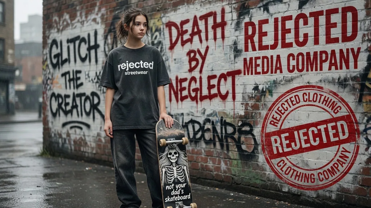 Person with a skeleton skateboard in front of a Glitch the Creator, Death By Neglect and Rejected Media Company wall