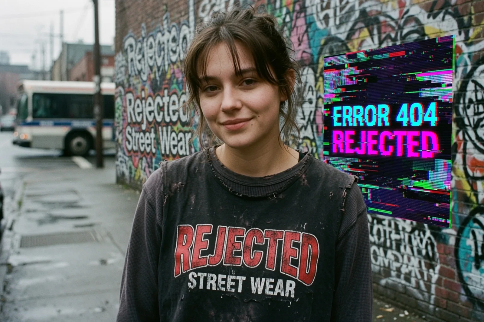 Close-up of a Rejected Street Wear tee in front of a graffiti wall