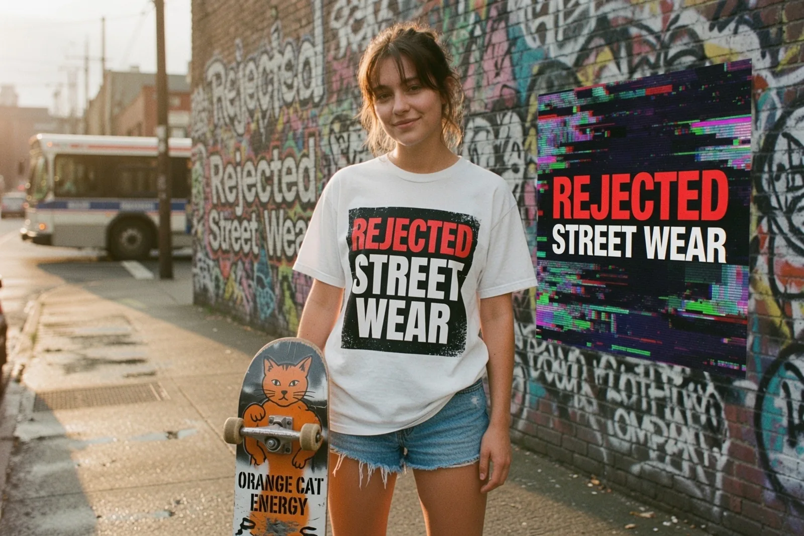 Rejected Street Wear tee with an Orange Cat Energy skateboard in front of a graffiti wall