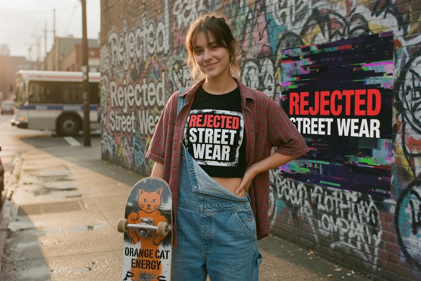 Rejected Street Wear tee with denim overalls and an Orange Cat Energy board