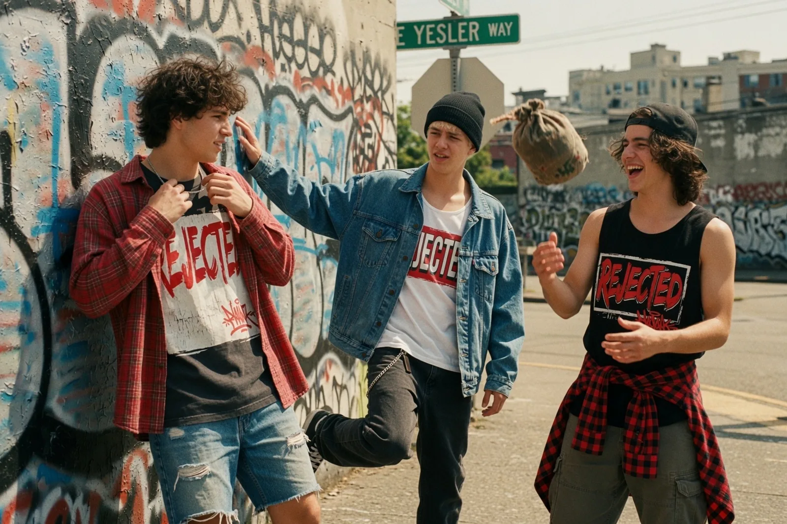 Three friends in Rejected Street Wear tees and a tank laughing by a graffiti wall