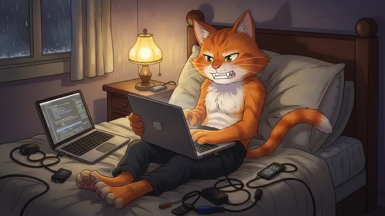 Orange Cat Energy: an orange cat coding on a laptop in bed